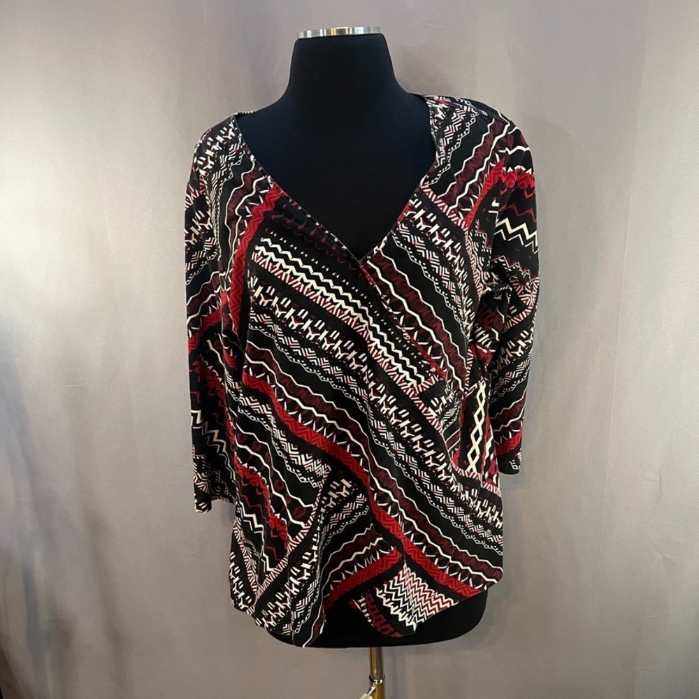 Ruby Rd Womens 1X Plus Stretch Knit Geometric Boho V Neck Top Career Fun Classic